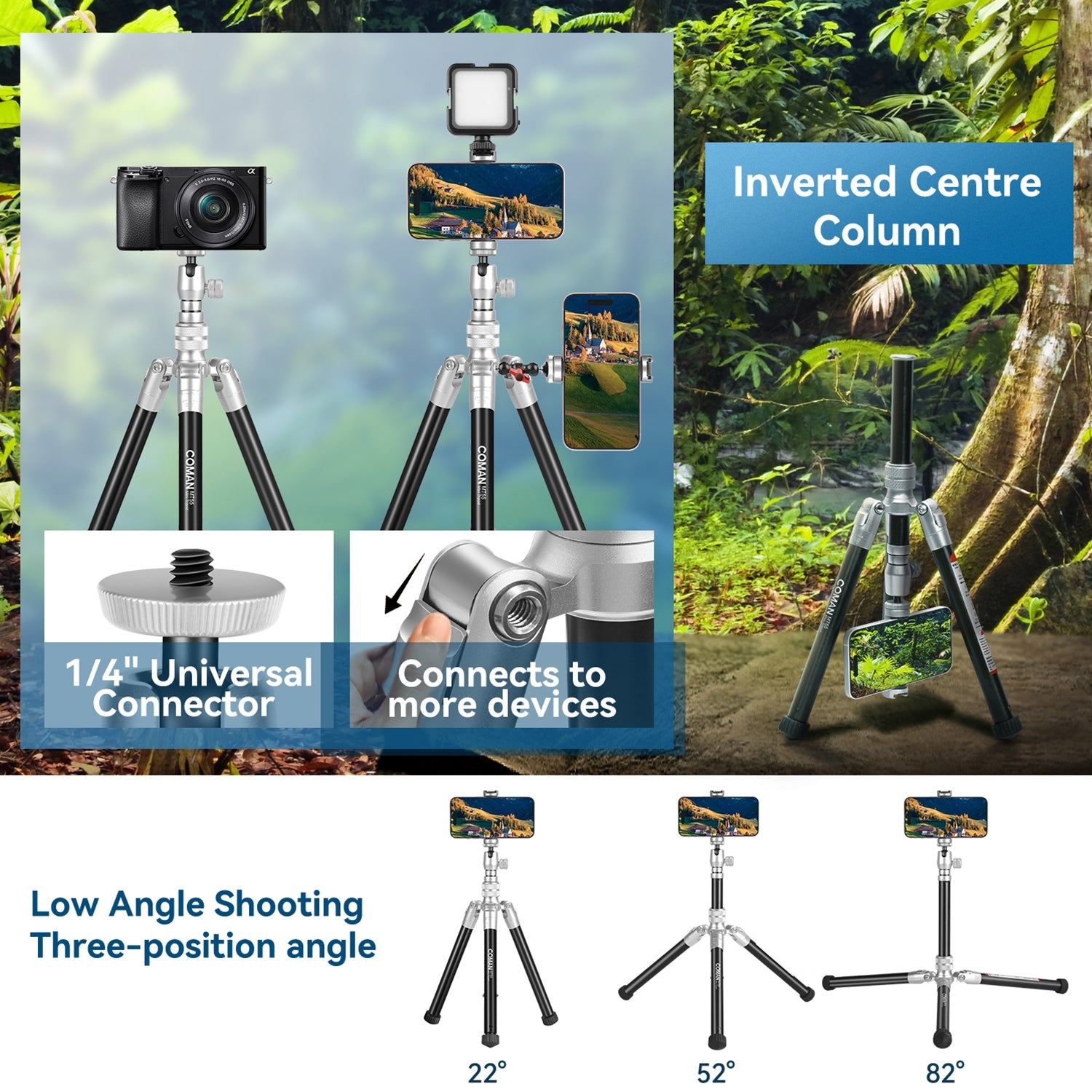 COMAN MT55 Camera and Phone Tripod Convertible Monopod