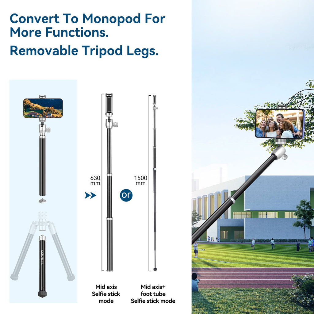 COMAN MT55 Camera and Phone Tripod Convertible Monopod