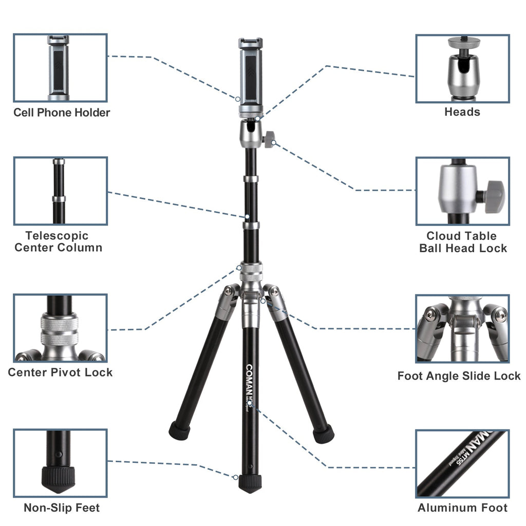 COMAN MT55 Camera and Phone Tripod Convertible Monopod