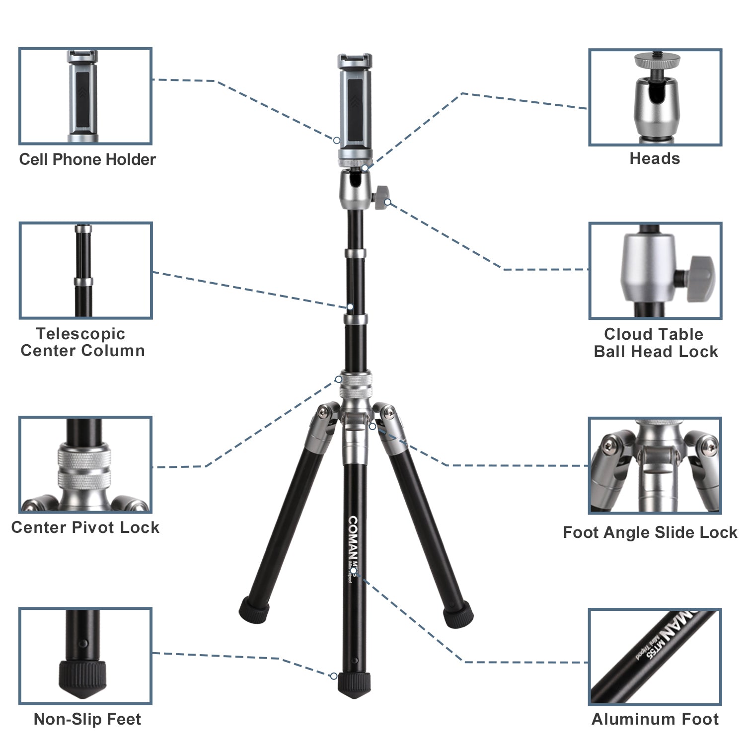 COMAN MT55 Camera and Phone Tripod Convertible Monopod